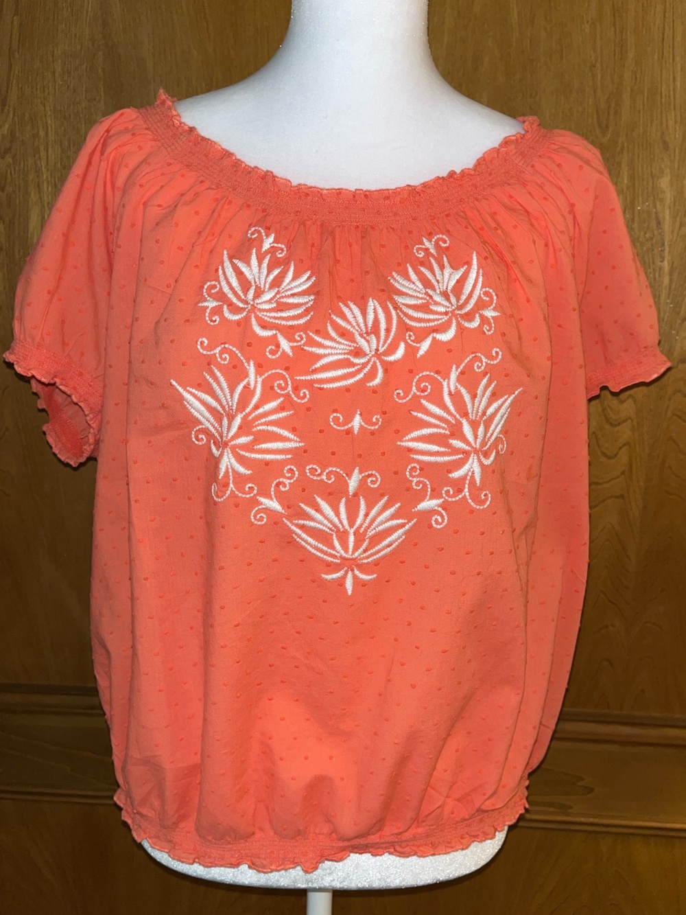 Sz L Style & Co. Orange Swiss Dot Mexican Embroidered Short Sleeve Top
